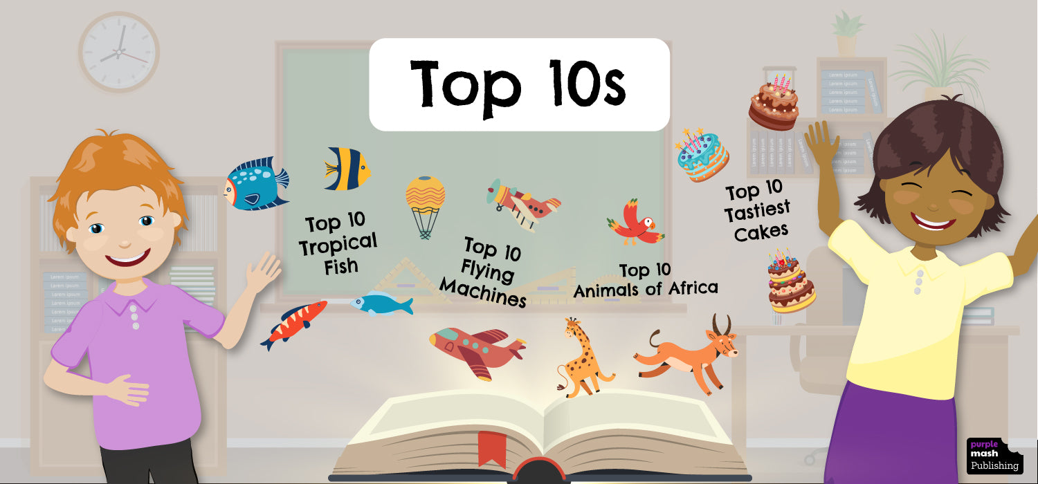 A hero image promoting the Top 10s book series from Purple Mash Publishing. 