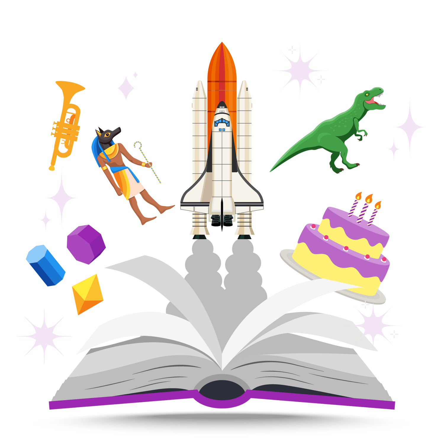 A book lying open with various objects shooting out from the pages. The image represents the new Top 10s book series from Purple Mash Publishing. 